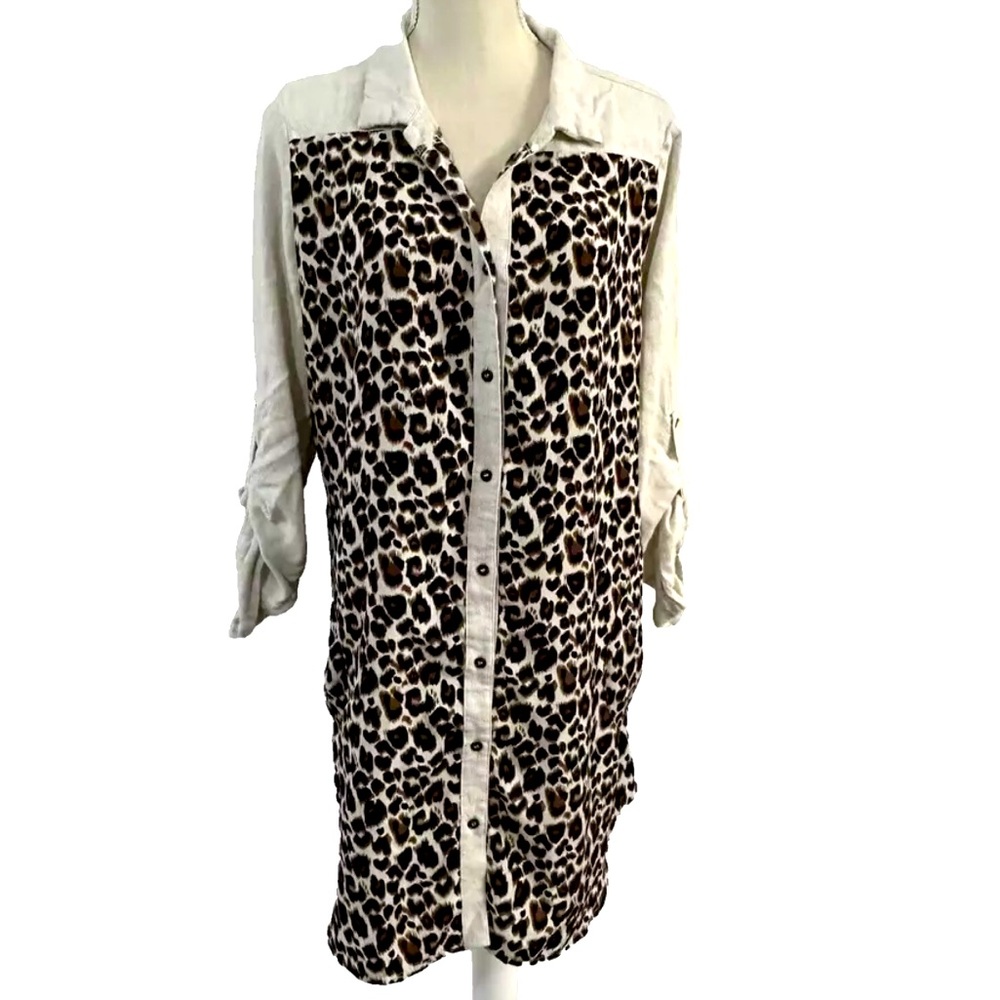 Umgee Tunic Mini Dress Blouse Brown Linen Blend Animal Print Size Large